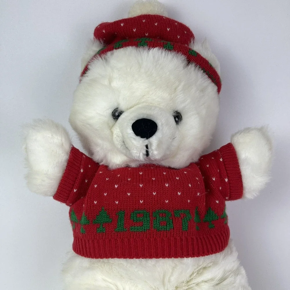 Winter White Teddy Bear Holiday Christmas Sweater Plush Animal  1987 Vintage 24